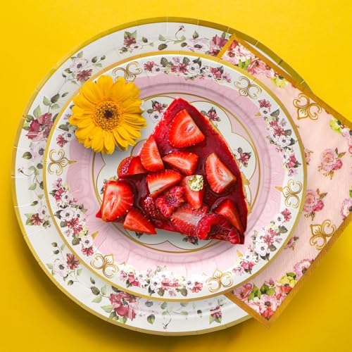 96 Pcs Floral Pink Green Party Plates Set for 24 Guests