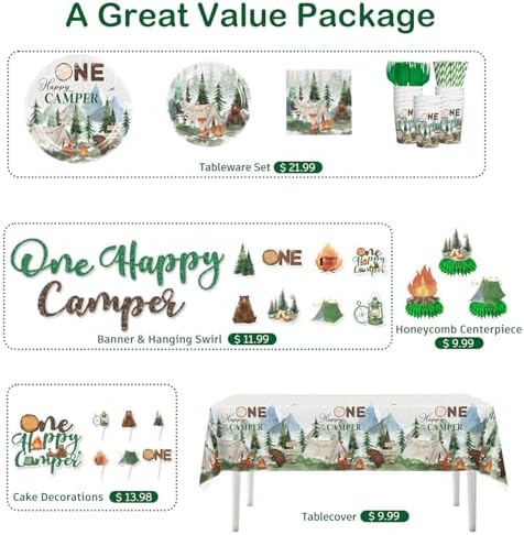 Camper Birthday Decorations for Boy 1st with Tableware Set