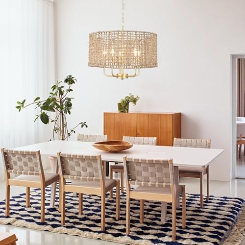 Rattan Boho Chandelier 5 Light Gold Drum Wicker Ceiling Hanging