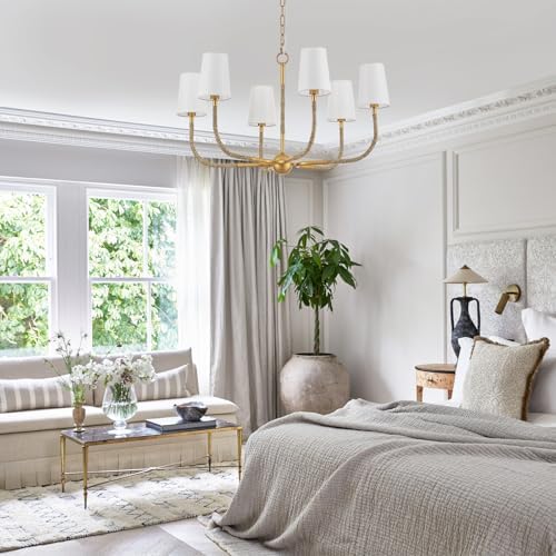34 Inch Boho Chandelier with Creamy White Fabric and Natural Rattan Arms