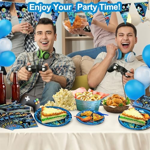 Video Game Party Supplies 120 Pcs Set - Plates Napkins Forks Serves 30
