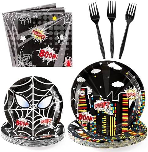 Black Spider Party Plates Napkins Forks 96PCS Set