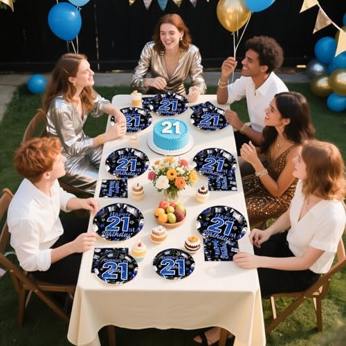 96Pcs Blue Black 21st Birthday Plates Napkins Set for 24 Guests