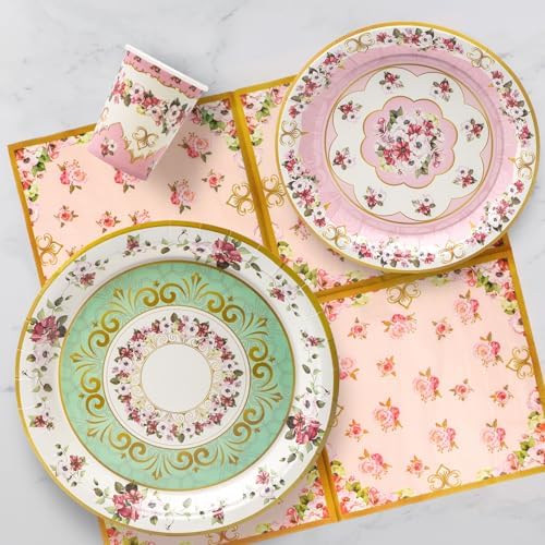 96 Pcs Floral Pink Green Party Plates Set for 24 Guests