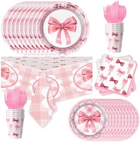 81Pcs Pink Bow Party Tableware Set