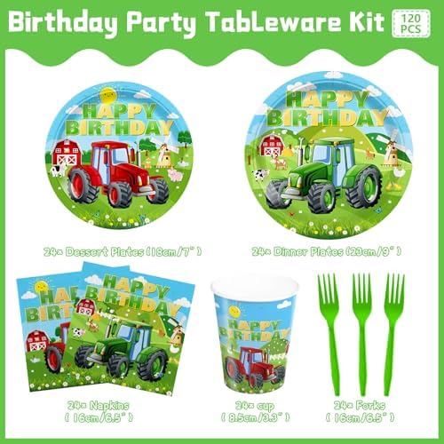 24 Serve Tractor Plates Cups Forks Party Set