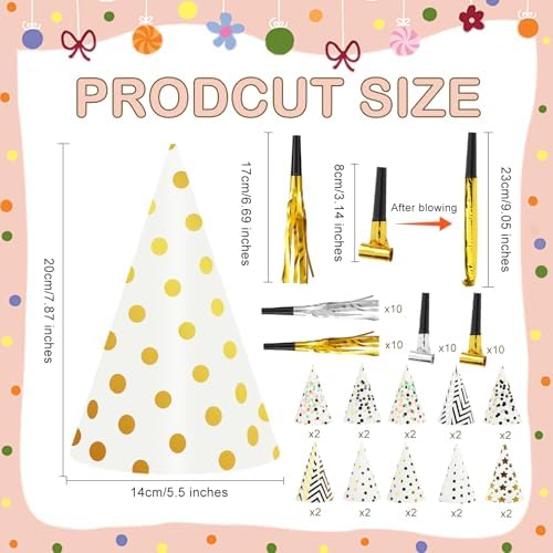 60 Piece Birthday Party Cone Hats Set with Blowers