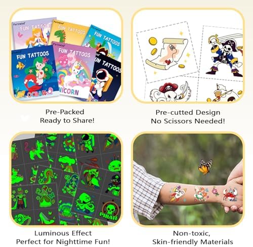 PARTYWIND 576PCS Glow Temporary Tattoos Kids Party Favors with Maze Games