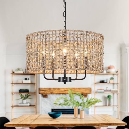 LASENCHOO 5 Light Rattan Drum Chandelier with Height Adjustment