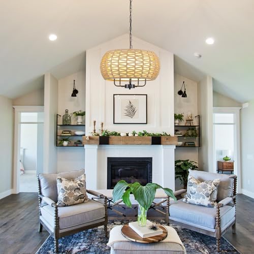 5-Light Rattan Chandelier with Fabric Shade