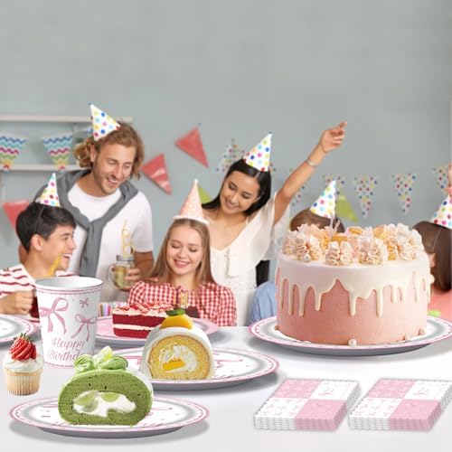 Pink Bow Party Plates Set for 24 Guests