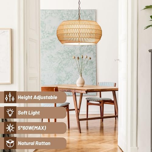 Large Fabric Basket Rattan Chandelier with 5 Lights