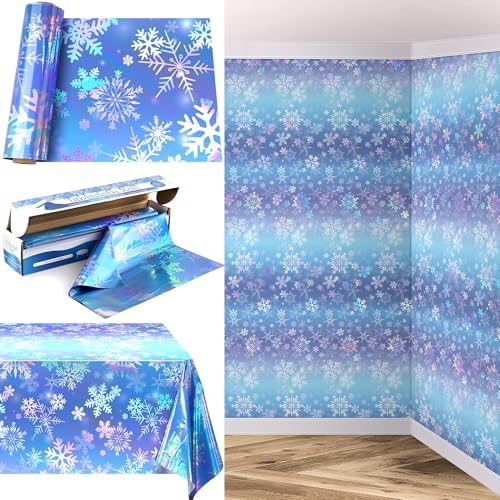 100 Ft Iridescent Snowflake Tablecloth Roll with Cutter Box