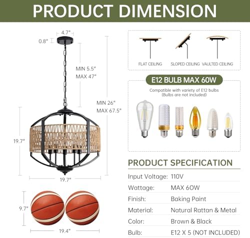 5-Light Rattan Chandelier Modern Farmhouse Style