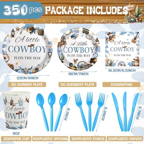 Dandat 350 Pcs Cowboy Baby Shower Plates Set