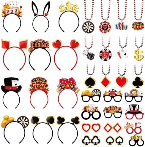 36 Pcs Casino Night Party Favors with Felt Headbands and Beaded Necklaces