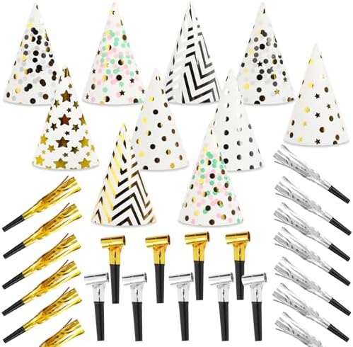 60 Piece Birthday Party Cone Hats Set with Blowers