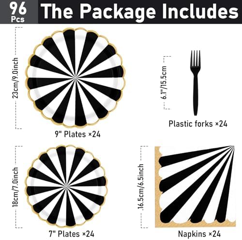 96PCS Black and White Party Plates Set for 24 Guests