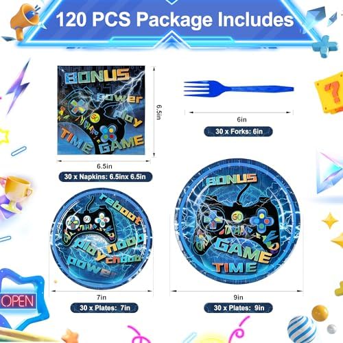 Video Game Party Supplies 120 Pcs Set - Plates Napkins Forks Serves 30