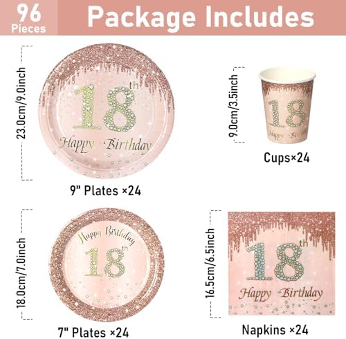 96 Pcs Rose Gold 18th Birthday Tableware Set