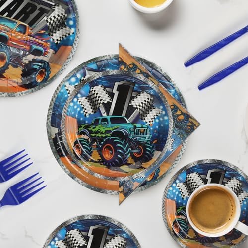 96 Pcs Monster Truck Dark Blue Party Plates Set