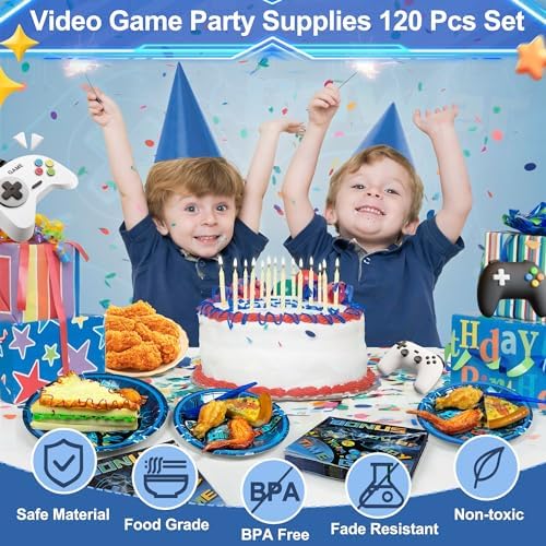 Video Game Party Supplies 120 Pcs Set - Plates Napkins Forks Serves 30
