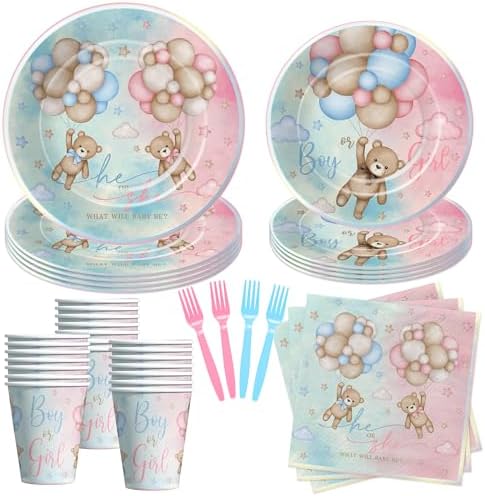 Bear Gender Reveal Party Tableware Set - 24 Pieces