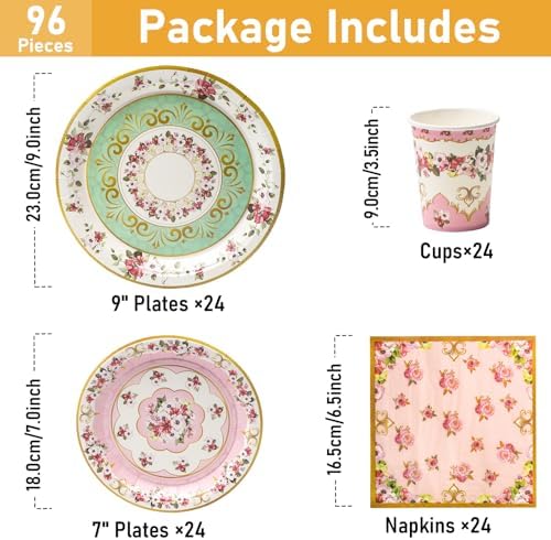 96 Pcs Floral Pink Green Party Plates Set for 24 Guests