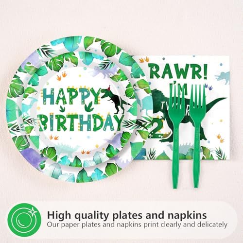 Grencian 96PCS Dinosaur 2nd Birthday Tableware Set for 24 Guests