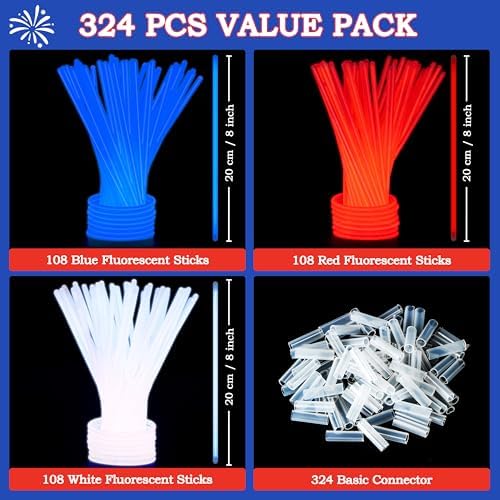 JOYIN 100 Pcs 4th of July Glow Sticks with Connectors