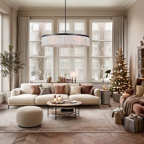Alabaster Rustic Chandelier with Black Iron Frame