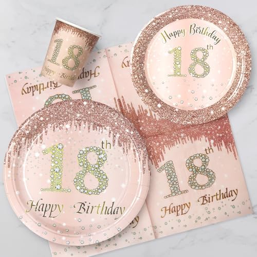 96 Pcs Rose Gold 18th Birthday Tableware Set