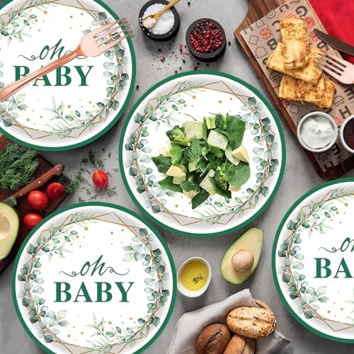 50Pcs Oh Baby Paper Plates Sage Green Party Supplies