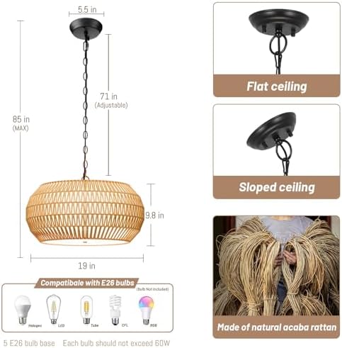 Large Fabric Basket Rattan Chandelier with 5 Lights