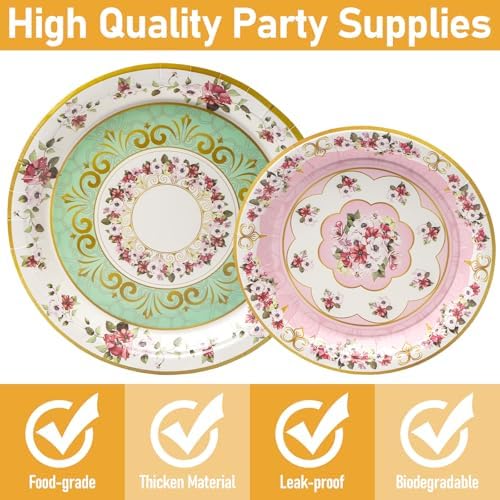 96 Pcs Floral Pink Green Party Plates Set for 24 Guests