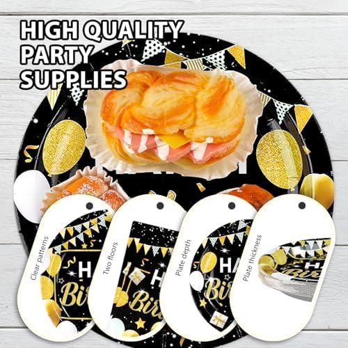 Grencian 96 Pcs Black Gold Birthday Plates Napkins Forks Set