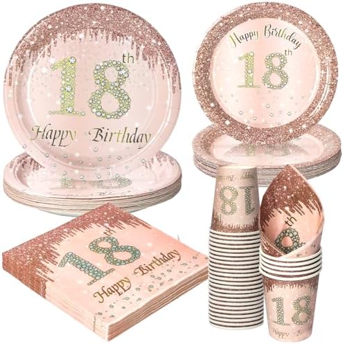 96 Pcs Rose Gold 18th Birthday Tableware Set