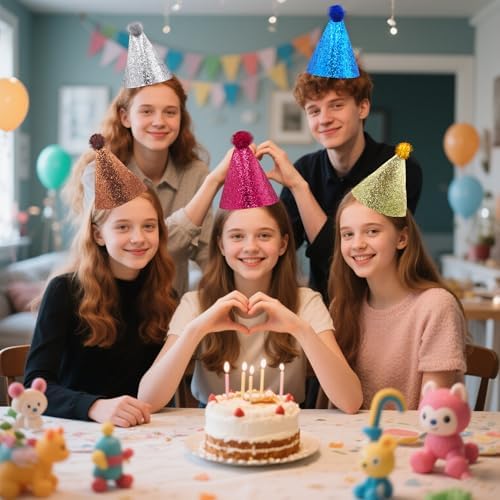 10 Pcs Glitter Pom Pom Party Hats with Elastic Band
