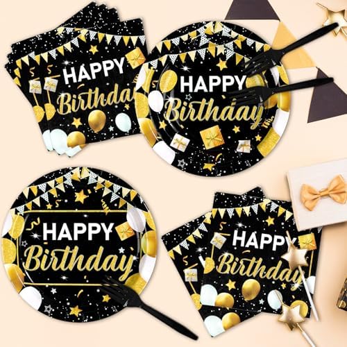 Grencian 96 Pcs Black Gold Birthday Plates Napkins Forks Set