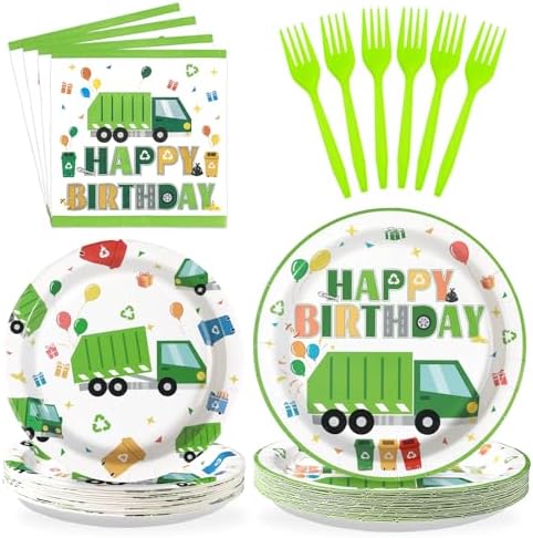 Grencian 96Pcs Trash Truck Party Set - Plates Napkins Forks for Kids