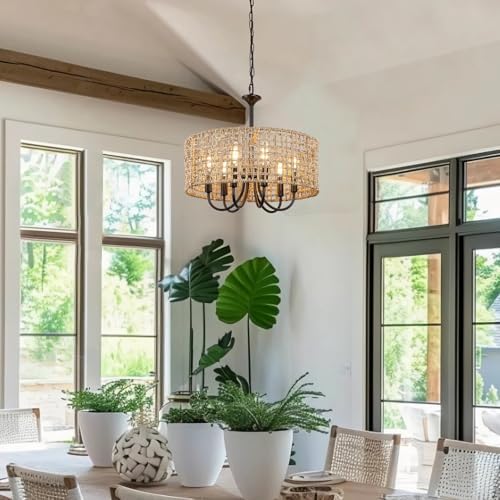 LynPon 177 Inch Black Rattan Chandelier with 6 Lights