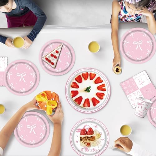 Pink Bow Party Plates Set for 24 Guests