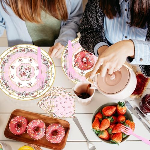 96pcs Floral Party Plates Napkins Forks Set for 24 Guests