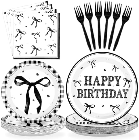 Grencian 96Pcs Black Bow Decor Plates Party Supplies