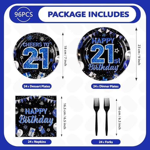 96Pcs Blue Black 21st Birthday Plates Napkins Set for 24 Guests