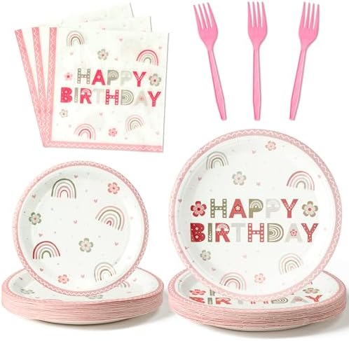 96Pcs Pink Boho Rainbow Party Plates Set for 24 Guests