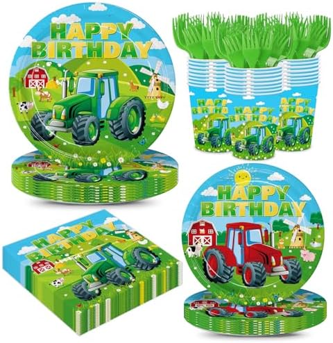24 Serve Tractor Plates Cups Forks Party Set