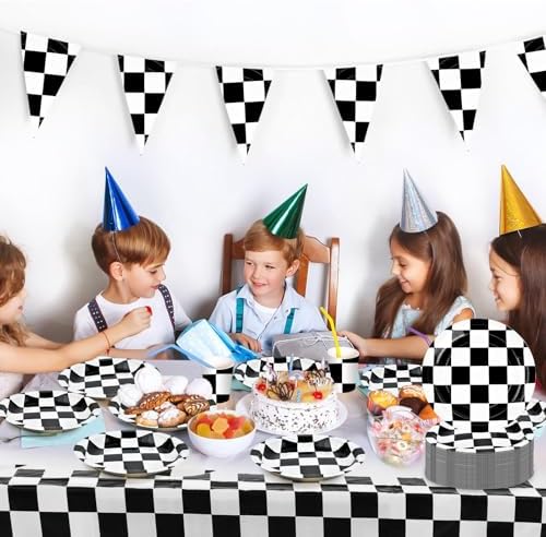 100 Pack Race Car Paper Plates 9 Inch Checkered Flag