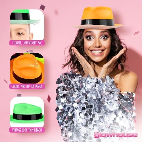 Neon Gangster Fedora Hats 12-Pack UV Reactive