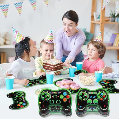 48Pcs Green Gamepad Shaped Paper Plates for Gaming Birthday Party